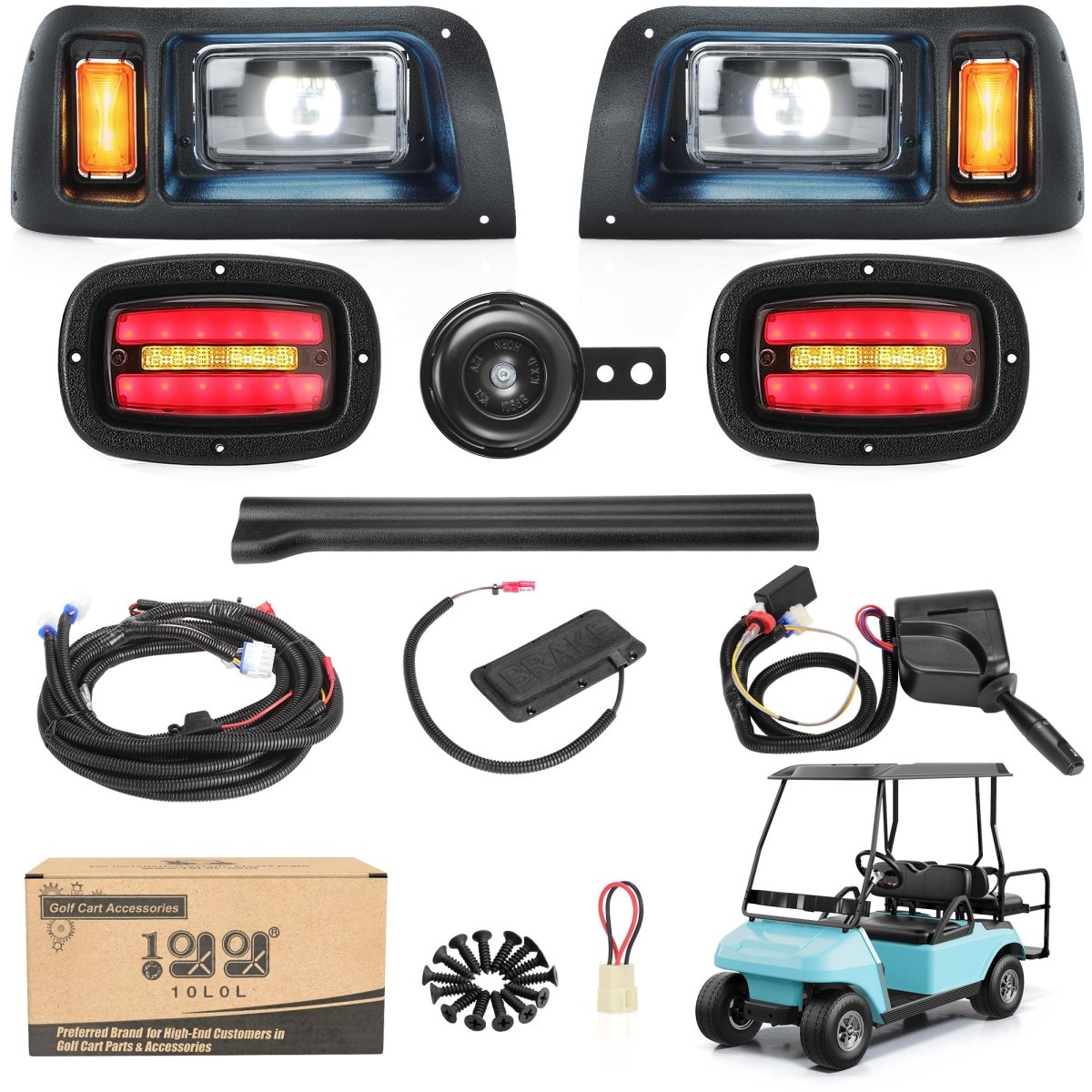 10L0L Deluxe Golf Cart Light Kit for Club Car DS 12V - 60V, Full Headlight Taillight Kit with RGB Daytime Running Lamp Low High Beam Turn Signal Horn Brake Pad Hazard Blinker - Speed of Light Hobbies