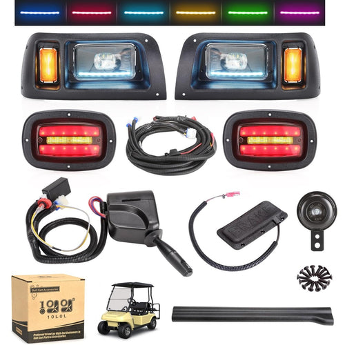 10L0L Deluxe Golf Cart Light Kit for Club Car DS 12V - 60V, Full Headlight Taillight Kit with RGB Daytime Running Lamp Low High Beam Turn Signal Horn Brake Pad Hazard Blinker - Speed of Light Hobbies