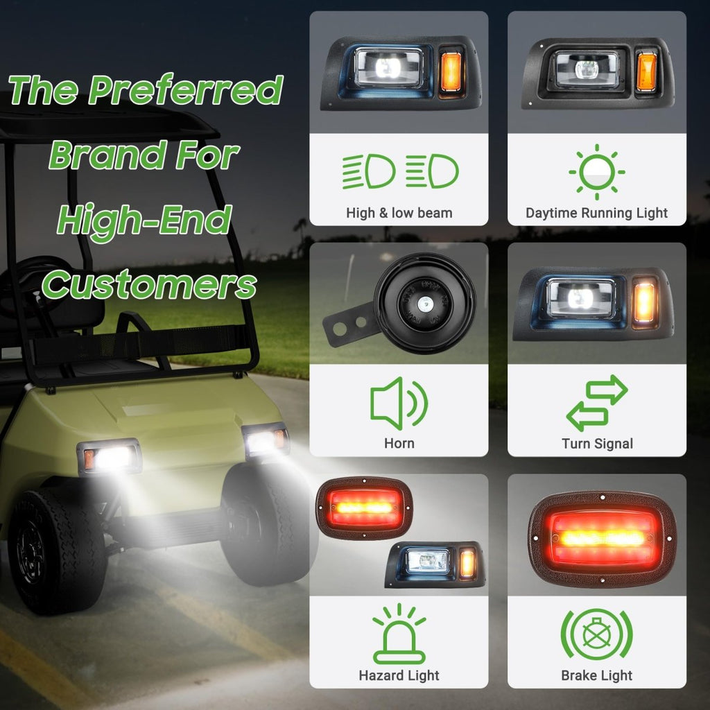 10L0L Deluxe Golf Cart Light Kit for Club Car DS 12V - 60V, Full Headlight Taillight Kit with RGB Daytime Running Lamp Low High Beam Turn Signal Horn Brake Pad Hazard Blinker - Speed of Light Hobbies