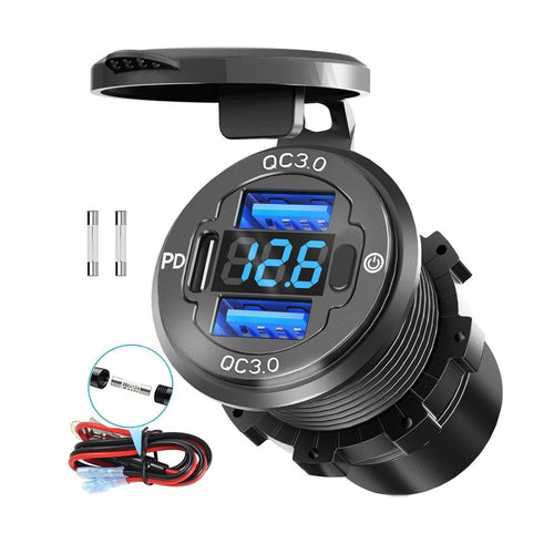 78W Quad - Port 12V USB Outlet - Dual QC3.0 & PD3.0 Quick Charge Car Charger Socket with Voltmeter, Aluminum Alloy Waterproof USB C Port for Car Boat Marine Motorcycle RV Truck ATV Golf Cart - Speed of Light Hobbies