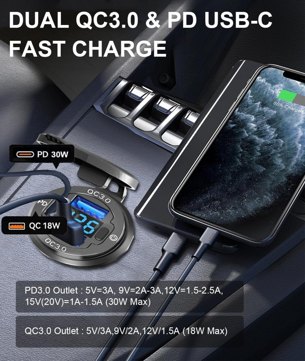 78W Quad - Port 12V USB Outlet - Dual QC3.0 & PD3.0 Quick Charge Car Charger Socket with Voltmeter, Aluminum Alloy Waterproof USB C Port for Car Boat Marine Motorcycle RV Truck ATV Golf Cart - Speed of Light Hobbies