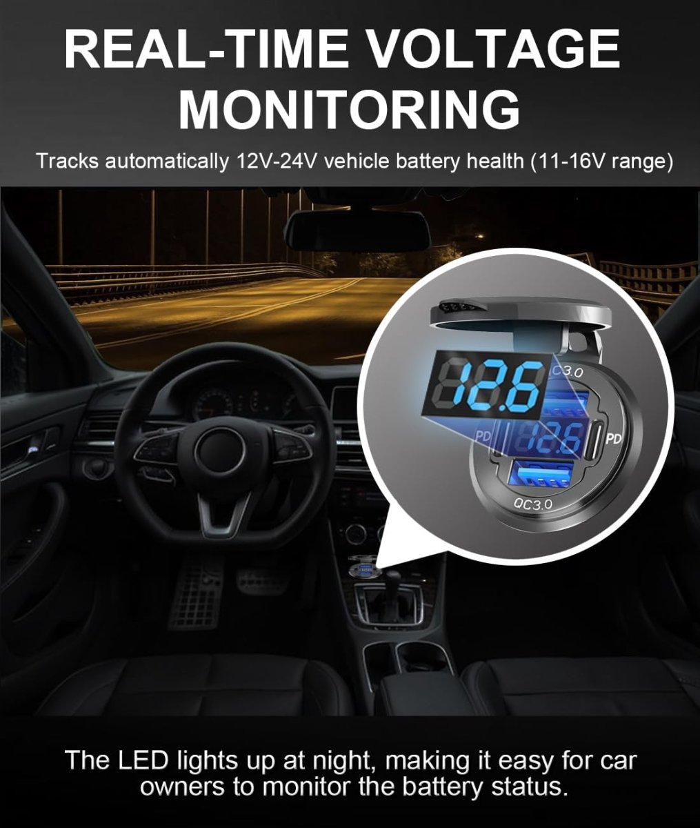 78W Quad - Port 12V USB Outlet - Dual QC3.0 & PD3.0 Quick Charge Car Charger Socket with Voltmeter, Aluminum Alloy Waterproof USB C Port for Car Boat Marine Motorcycle RV Truck ATV Golf Cart - Speed of Light Hobbies