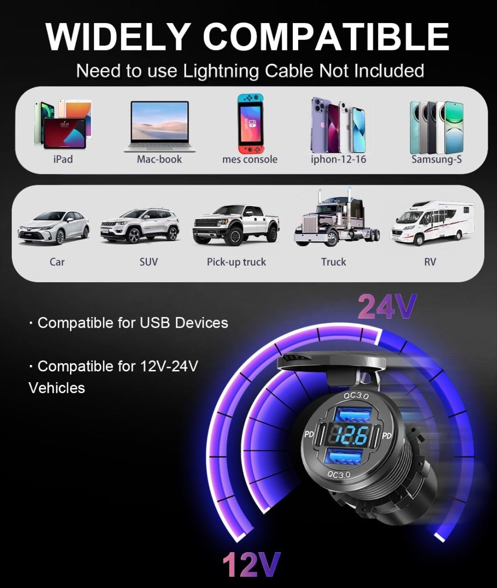 78W Quad - Port 12V USB Outlet - Dual QC3.0 & PD3.0 Quick Charge Car Charger Socket with Voltmeter, Aluminum Alloy Waterproof USB C Port for Car Boat Marine Motorcycle RV Truck ATV Golf Cart - Speed of Light Hobbies