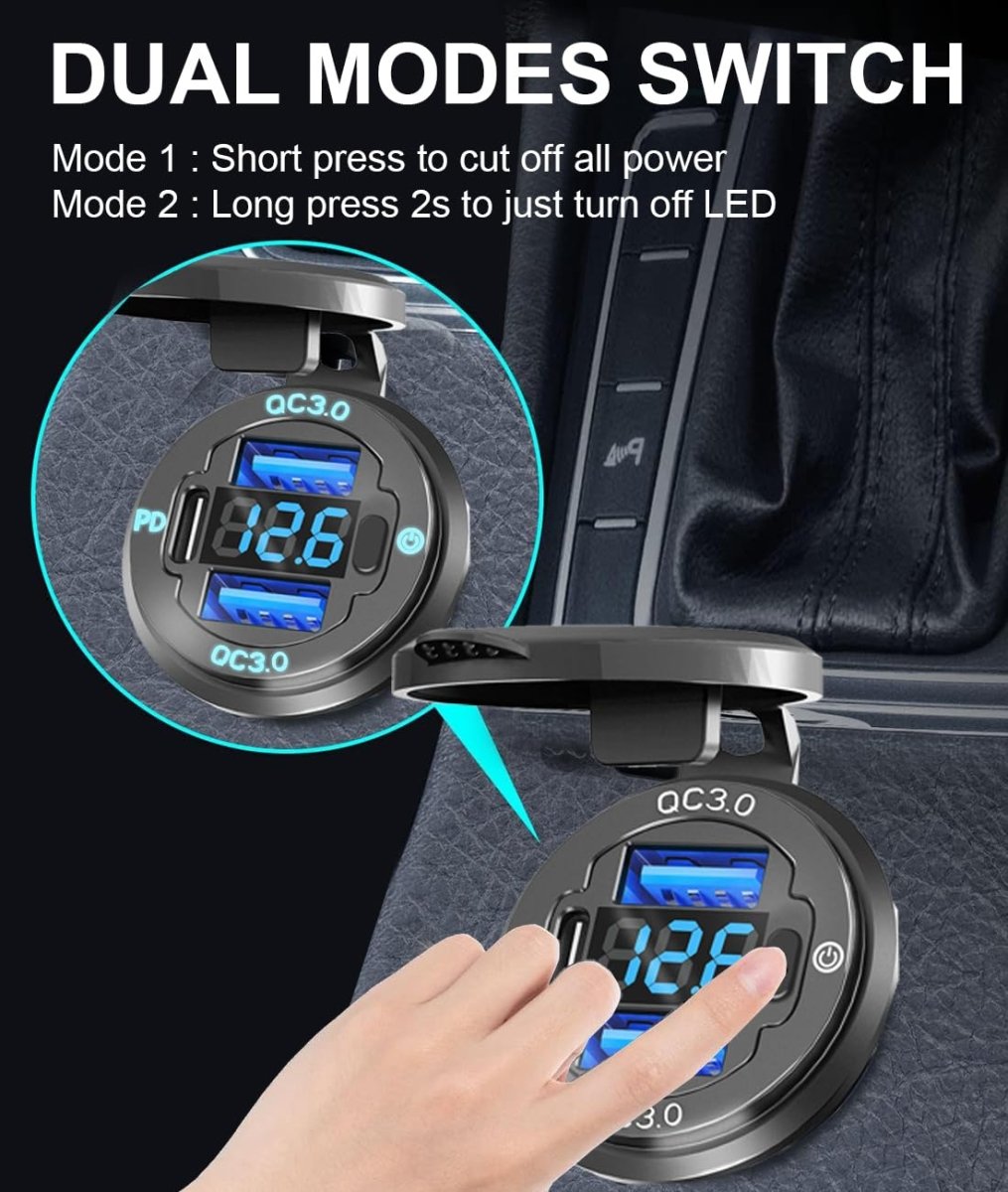 78W Quad - Port 12V USB Outlet - Dual QC3.0 & PD3.0 Quick Charge Car Charger Socket with Voltmeter, Aluminum Alloy Waterproof USB C Port for Car Boat Marine Motorcycle RV Truck ATV Golf Cart - Speed of Light Hobbies