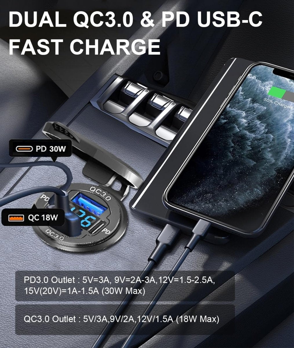 78W Quad - Port 12V USB Outlet - Dual QC3.0 & PD3.0 Quick Charge Car Charger Socket with Voltmeter, Aluminum Alloy Waterproof USB C Port for Car Boat Marine Motorcycle RV Truck ATV Golf Cart - Speed of Light Hobbies