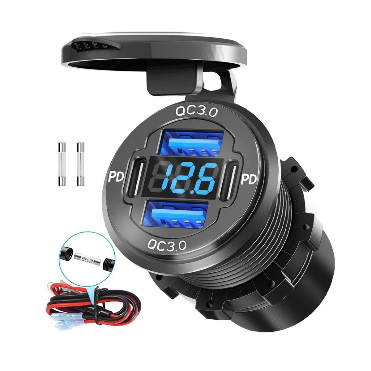 78W Quad - Port 12V USB Outlet - Dual QC3.0 & PD3.0 Quick Charge Car Charger Socket with Voltmeter, Aluminum Alloy Waterproof USB C Port for Car Boat Marine Motorcycle RV Truck ATV Golf Cart - Speed of Light Hobbies