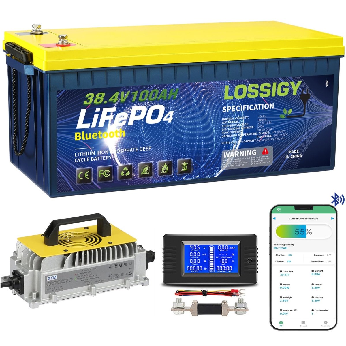 LOSSIGY 48V Lithium Golf Cart Battery with 18A Lithium Charger, 48 Volt 100Ah LiFePO4 Battery, Built in 200A Bluetooth BMS & LCD 10.24kW Output, Peak Current 1000A(3 - 5s), Prefect for RV Solar System - Speed of Light Hobbies