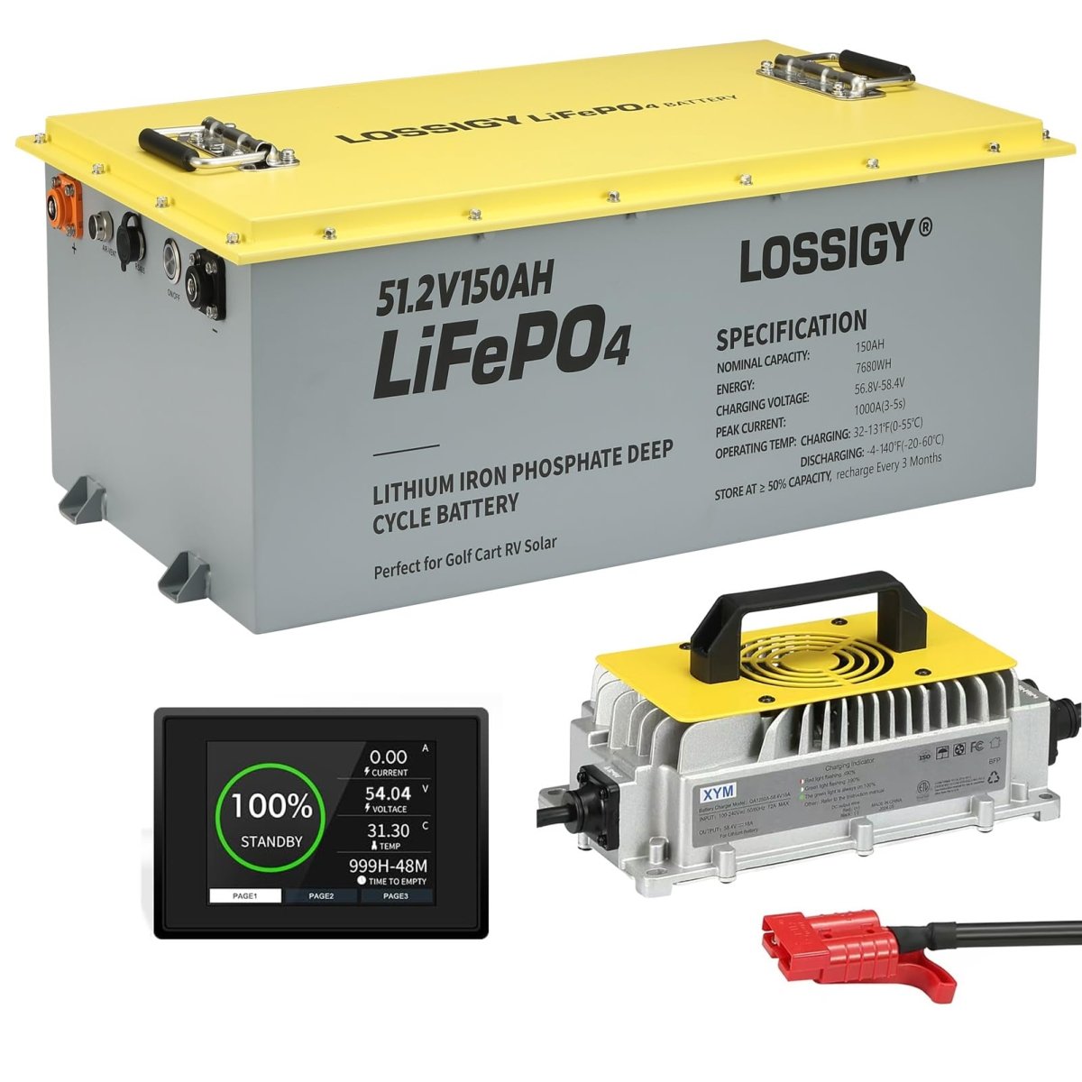 LOSSIGY 48V Lithium Golf Cart Battery with 18A Lithium Charger, 48 Volt 100Ah LiFePO4 Battery, Built in 200A Bluetooth BMS & LCD 10.24kW Output, Peak Current 1000A(3 - 5s), Prefect for RV Solar System - Speed of Light Hobbies