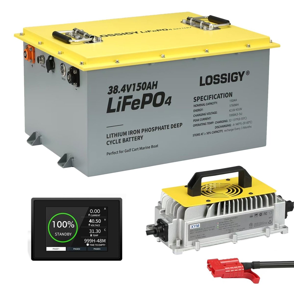 LOSSIGY 48V Lithium Golf Cart Battery with 18A Lithium Charger, 48 Volt 100Ah LiFePO4 Battery, Built in 200A Bluetooth BMS & LCD 10.24kW Output, Peak Current 1000A(3 - 5s), Prefect for RV Solar System - Speed of Light Hobbies