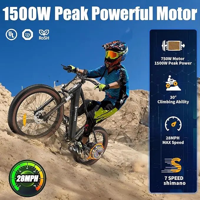 Luckeep C26 Electric Bike for Adult 1500W Peak, 28 MPH15AH 72 Miles, 26Fat Tire Electric Mountain Bike with Hydraulic Suspension - Speed of Light Hobbies