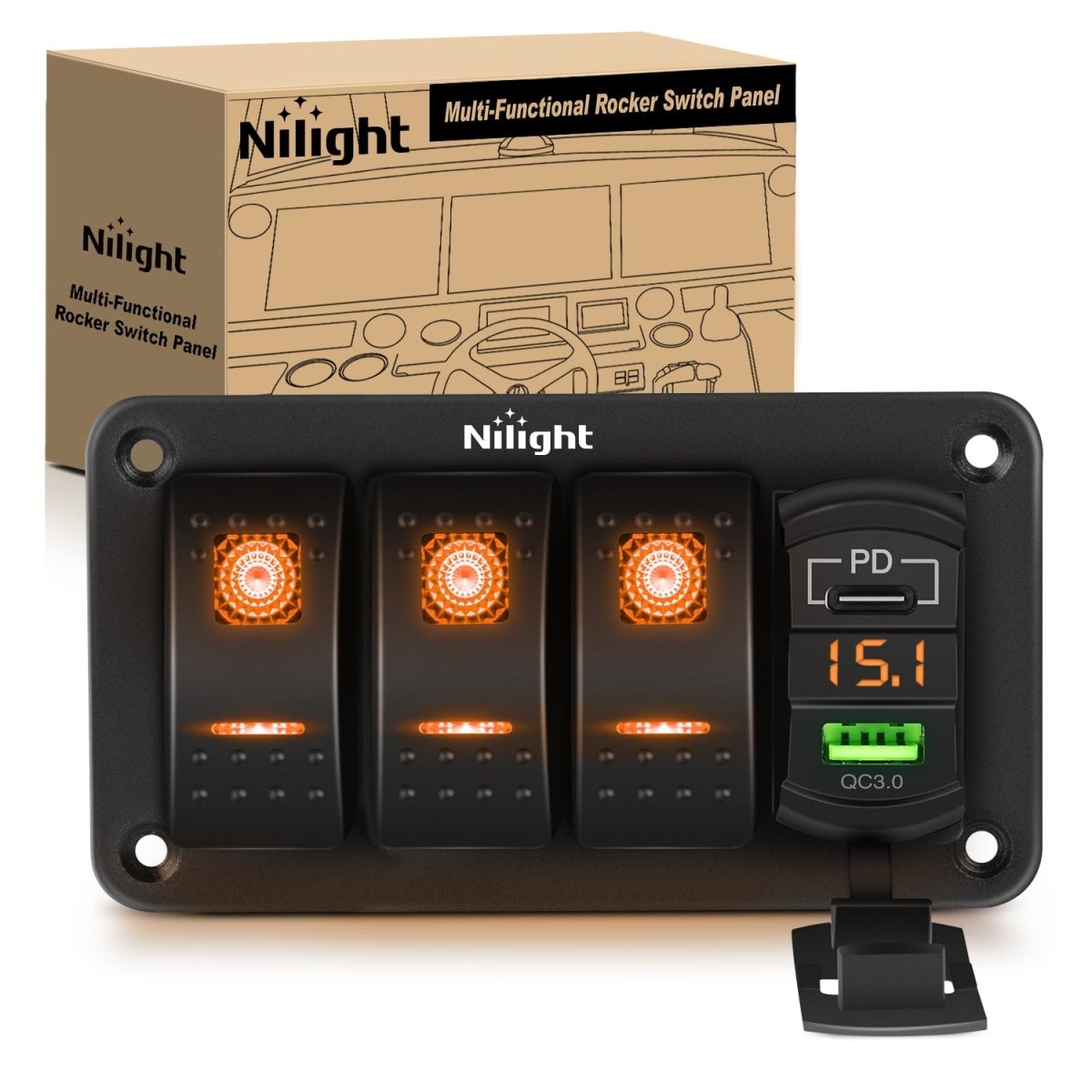 Nilight 3 Gang Rocker Switch Panel Blue Backlit with PD Type C and USB Charger Voltmeter Waterproof 12V 24V DC Rocker Switch with Night Glow Stickers for Car Trucks Boats RVs,2 Years Warranty,Blue/Box - Speed of Light Hobbies