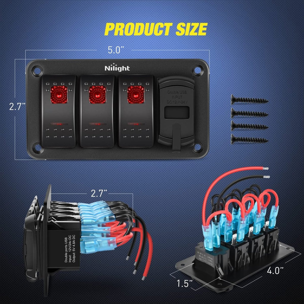 Nilight 3 Gang Rocker Switch Panel Blue Backlit with PD Type C and USB Charger Voltmeter Waterproof 12V 24V DC Rocker Switch with Night Glow Stickers for Car Trucks Boats RVs,2 Years Warranty,Blue/Box - Speed of Light Hobbies
