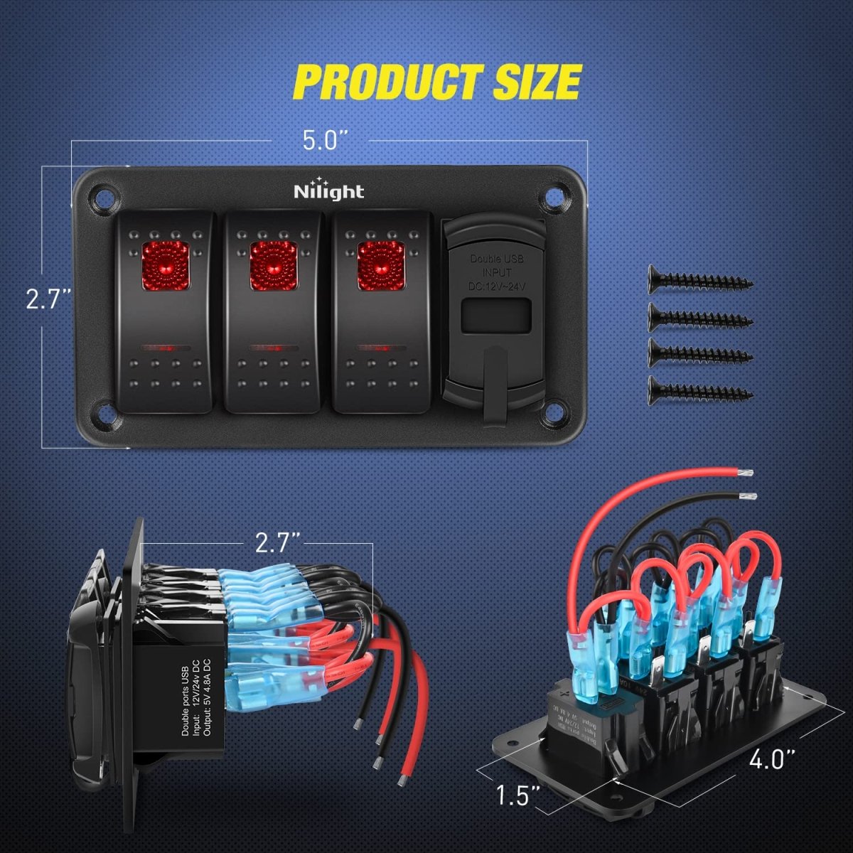 Nilight 3 Gang Rocker Switch Panel Blue Backlit with PD Type C and USB Charger Voltmeter Waterproof 12V 24V DC Rocker Switch with Night Glow Stickers for Car Trucks Boats RVs,2 Years Warranty,Blue/Box - Speed of Light Hobbies