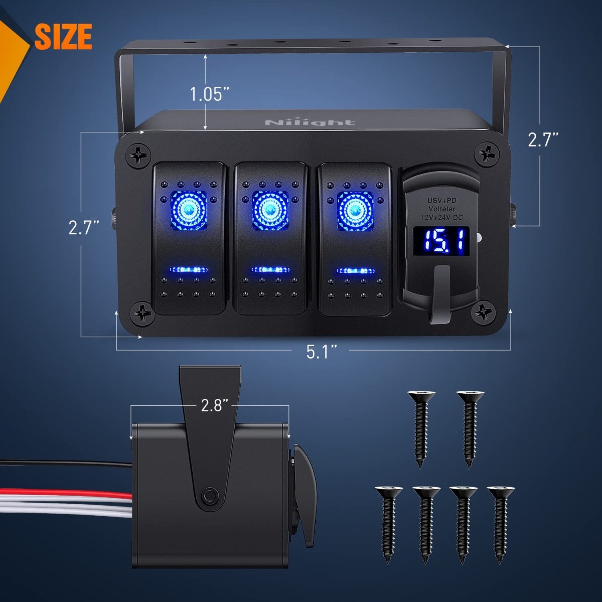 Nilight 3 Gang Rocker Switch Panel Blue Backlit with PD Type C and USB Charger Voltmeter Waterproof 12V 24V DC Rocker Switch with Night Glow Stickers for Car Trucks Boats RVs,2 Years Warranty,Blue/Box - Speed of Light Hobbies
