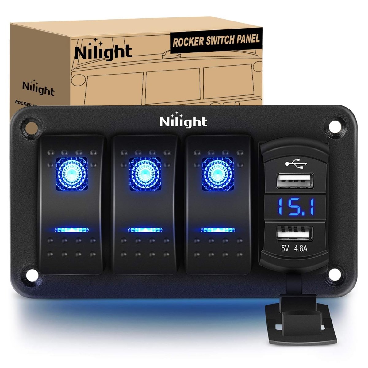 Nilight 3 Gang Rocker Switch Panel Blue Backlit with PD Type C and USB Charger Voltmeter Waterproof 12V 24V DC Rocker Switch with Night Glow Stickers for Car Trucks Boats RVs,2 Years Warranty,Blue/Box - Speed of Light Hobbies