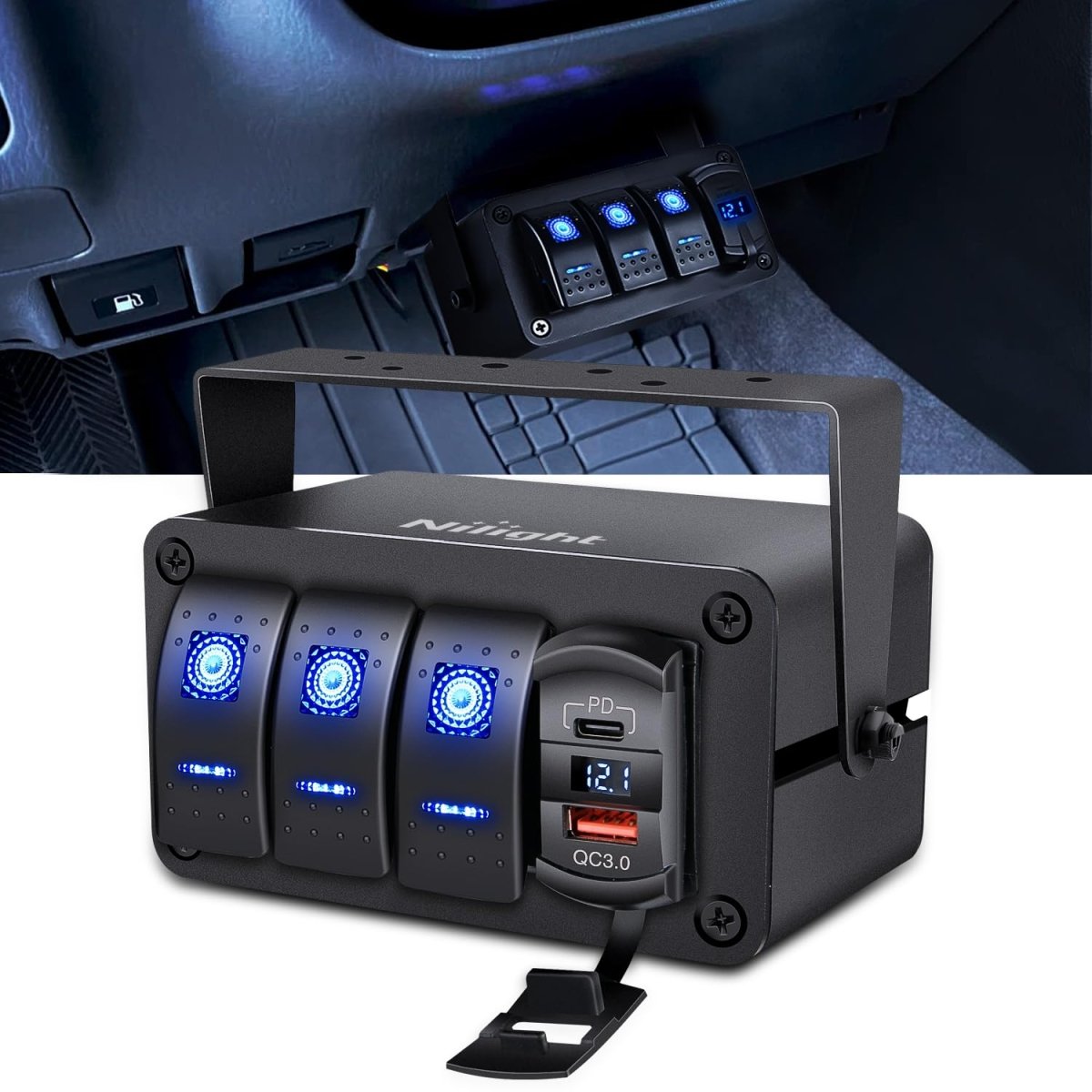 Nilight 3 Gang Rocker Switch Panel Blue Backlit with PD Type C and USB Charger Voltmeter Waterproof 12V 24V DC Rocker Switch with Night Glow Stickers for Car Trucks Boats RVs,2 Years Warranty,Blue/Box - Speed of Light Hobbies