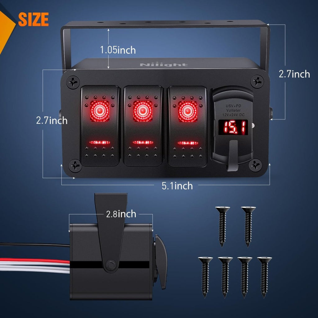 Nilight 3 Gang Rocker Switch Panel Blue Backlit with PD Type C and USB Charger Voltmeter Waterproof 12V 24V DC Rocker Switch with Night Glow Stickers for Car Trucks Boats RVs,2 Years Warranty,Blue/Box - Speed of Light Hobbies