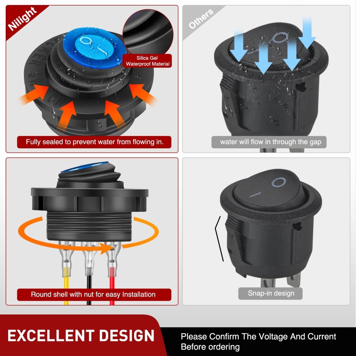 Nilight 5PCS Waterproof Round Rocker Switch w/Wiring Harness Switches Holder 12V 24V Blue LED Lighted On Off Toggle Shell SPST 3Pin for Switch Panel Car RV Trucks Marine Boats - Speed of Light Hobbies