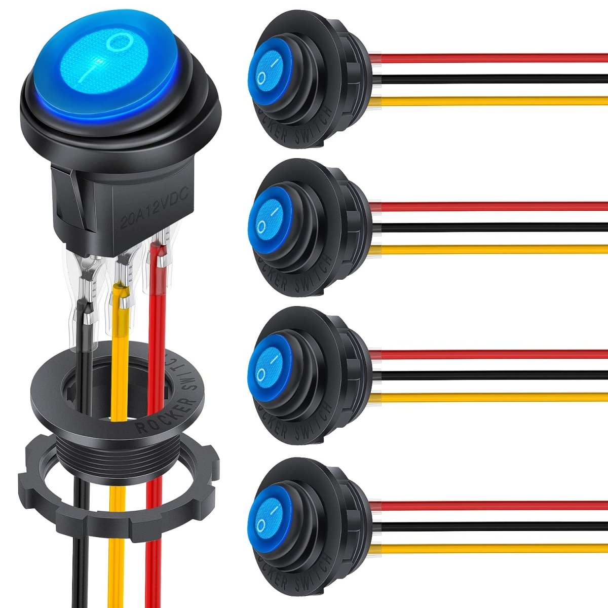 Nilight 5PCS Waterproof Round Rocker Switch w/Wiring Harness Switches Holder 12V 24V Blue LED Lighted On Off Toggle Shell SPST 3Pin for Switch Panel Car RV Trucks Marine Boats - Speed of Light Hobbies