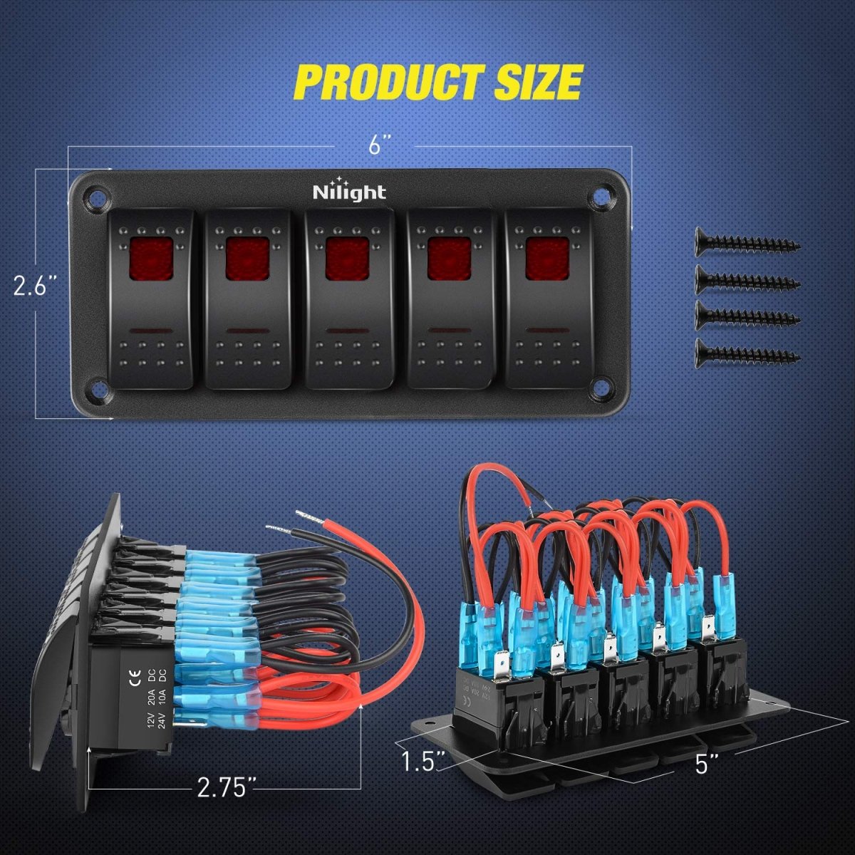 Nilight 90106B 2 Gang Rocker Switch Panel 5 Pin On Off Pre - Wired Rocker Switch Aluminum Panel Waterproof Switche Panel for 12V/24V Automotive Cars Marine Boats ATVs Trailers,2 Years Warranty , Blue - Speed of Light Hobbies