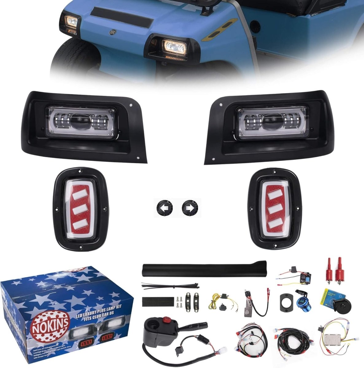 NOKINS Deluxe Plus LED Light Kit Fit Club Car DS 1993 - UP Gas And Electric Golf Cart 20A DC Converter USB Charging Socket Low/High Beam DRL Delay Relay Brake Switch - Speed of Light Hobbies