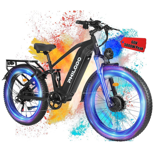 PHILODO Falcon | Peak 5000W/2500W Electric - Bike for Adults | Single/Dual - Motor - Ebike 45MPH - Hunting - Ebike, 60V 32AH Long Range Dirtbike, 26"/24" Fat - Tire - Electric - Bicycle, Full Suspension for Off - Road Snow Sand - Speed of Light Hobbies