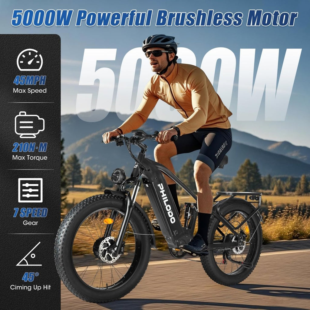 PHILODO Falcon | Peak 5000W/2500W Electric - Bike for Adults | Single/Dual - Motor - Ebike 45MPH - Hunting - Ebike, 60V 32AH Long Range Dirtbike, 26"/24" Fat - Tire - Electric - Bicycle, Full Suspension for Off - Road Snow Sand - Speed of Light Hobbies