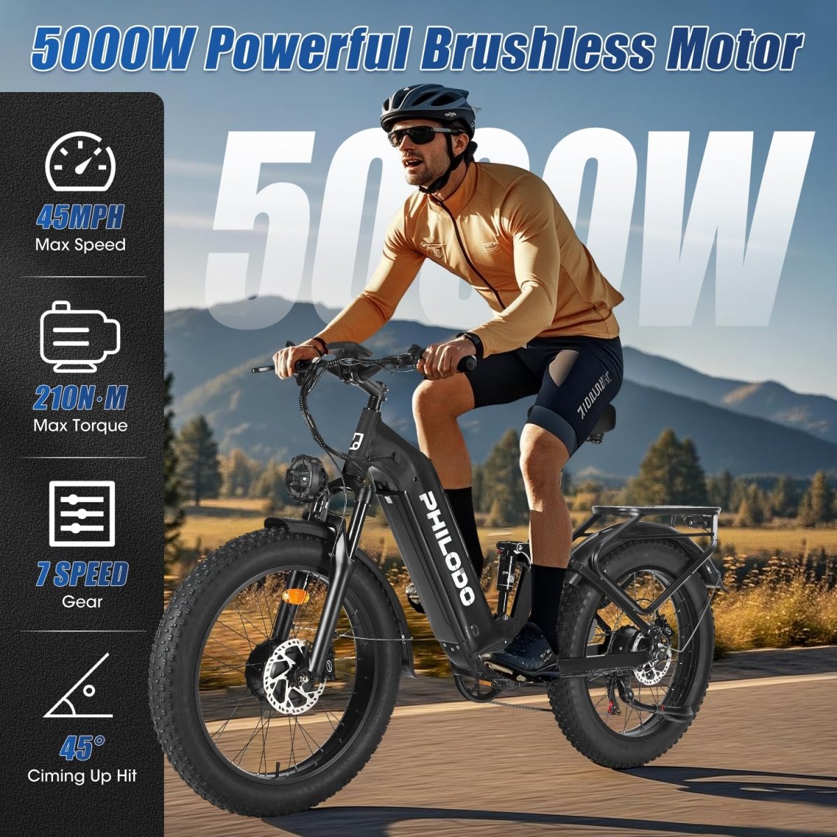 PHILODO Falcon | Peak 5000W/2500W Electric - Bike for Adults | Single/Dual - Motor - Ebike 45MPH - Hunting - Ebike, 60V 32AH Long Range Dirtbike, 26"/24" Fat - Tire - Electric - Bicycle, Full Suspension for Off - Road Snow Sand - Speed of Light Hobbies