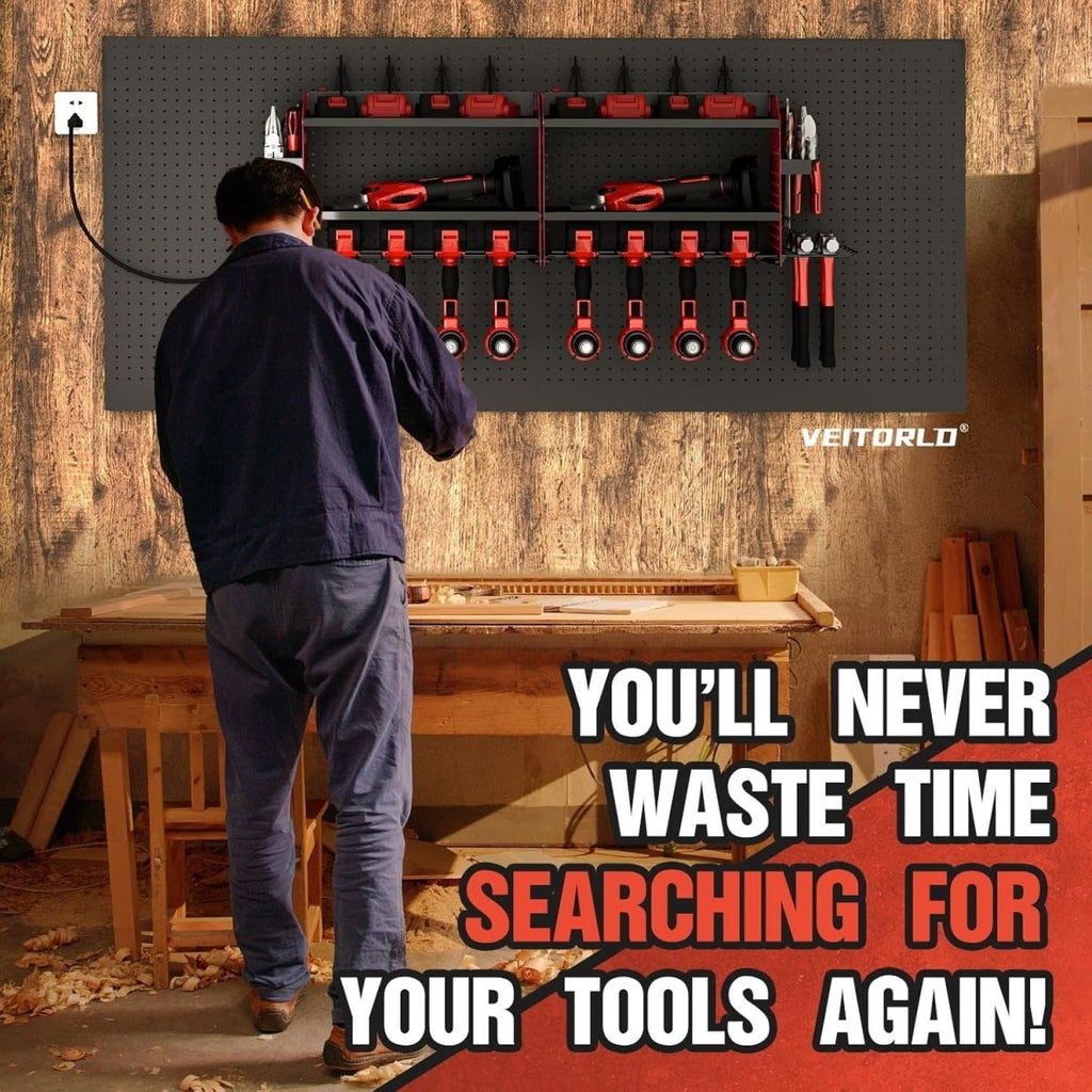 Veitorld Power Tool Organizer with Charging Station, 4 Drill Holders, Heavy Duty Modular Wall Mount Rack for Garage & Shed Organization, Tool Storage Organizer, Gifts for Men Dad Husband Christmas - Speed of Light Hobbies