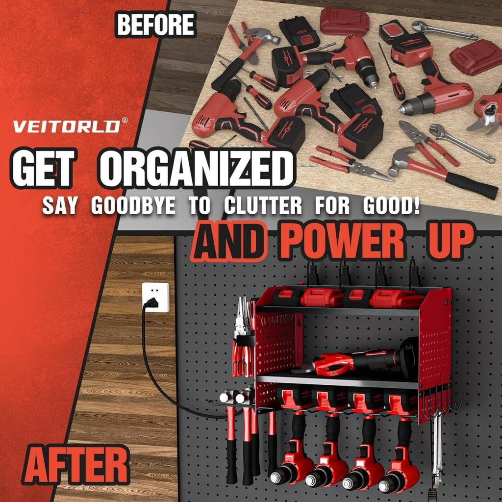 Veitorld Power Tool Organizer with Charging Station, 4 Drill Holders, Heavy Duty Modular Wall Mount Rack for Garage & Shed Organization, Tool Storage Organizer, Gifts for Men Dad Husband Christmas - Speed of Light Hobbies